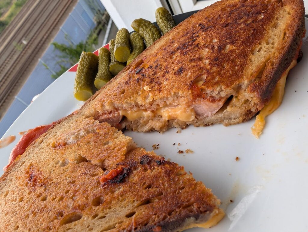 Hotdog, marinara, cheddar melt - kinda shitty but it hit the spot