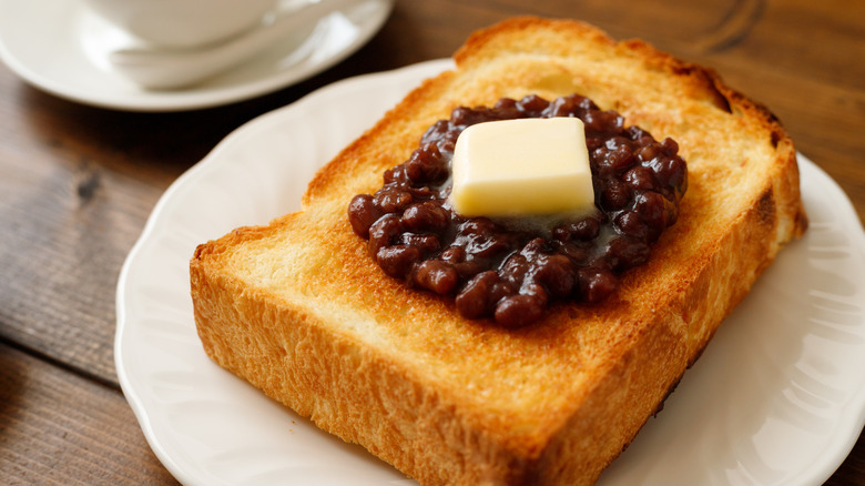Ogura toast on a white plate
