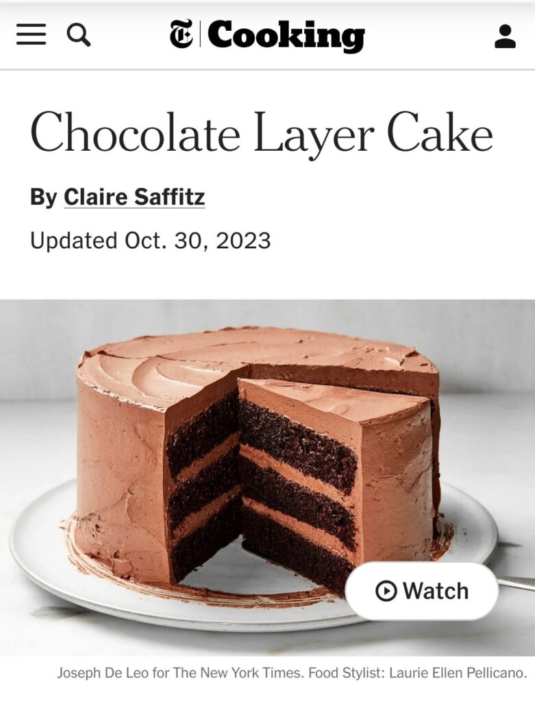 Screenshots of Claire's chocolate layer cake recipe