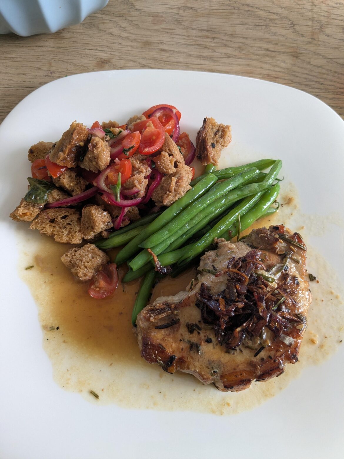 Pork chop, panzanella, green beans