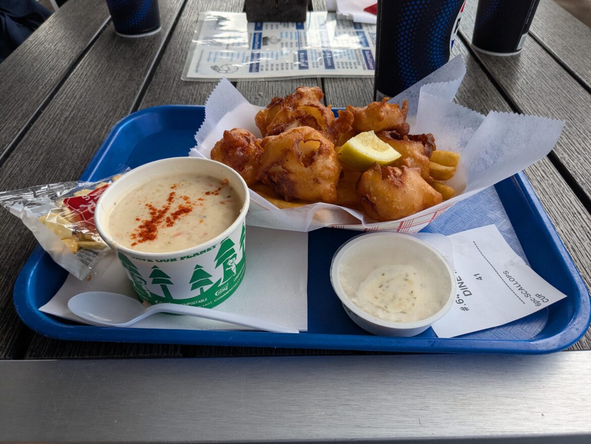 Fried scallops & chips, and a cup of chowder.