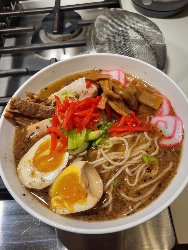 Instant pot tonkotsu shoyu with mayu and spicy miso bomb