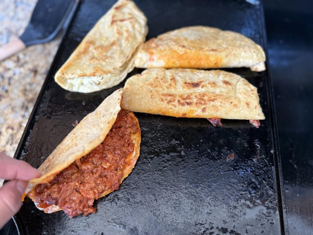 Homemade Quesadillas with hand made tortillas ( Chicharrón Prensado and Pollo En  Salsa Verde)