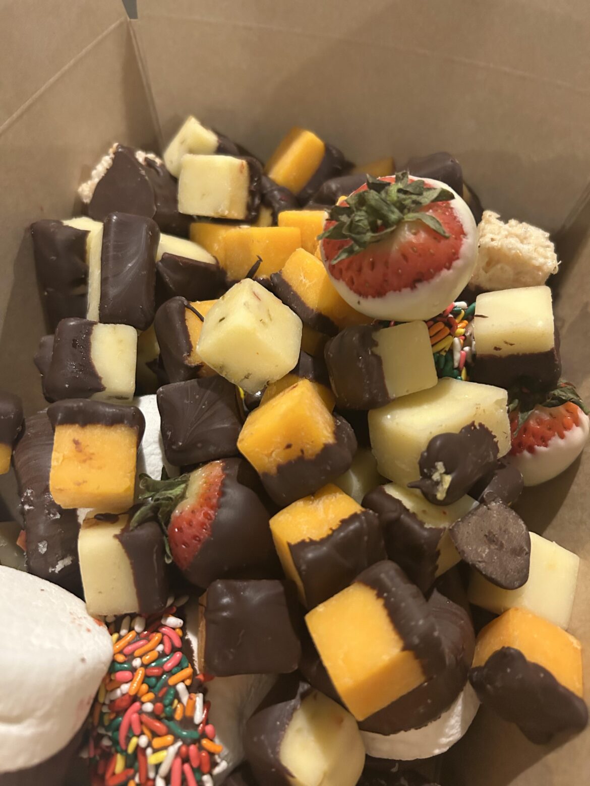 Chocolate covered cheese at a wedding