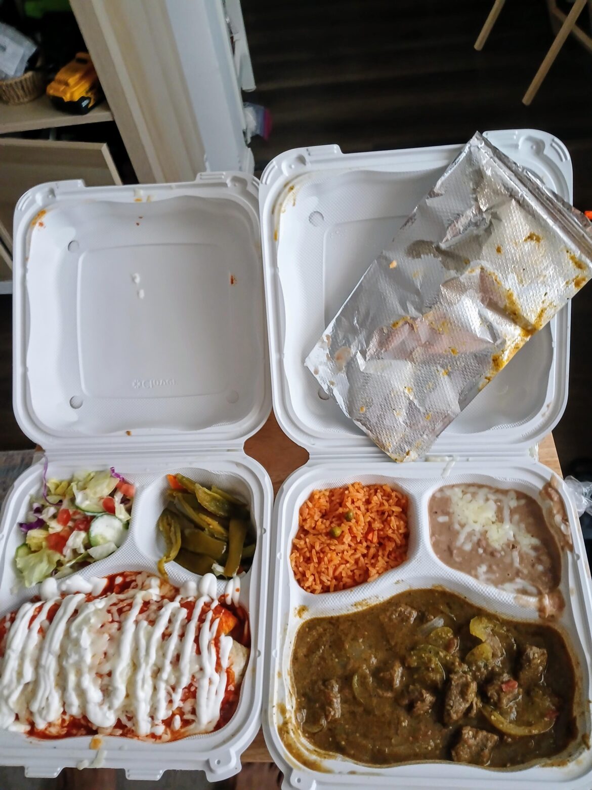 Enchiladas burrito with carne asada and chili verde plate