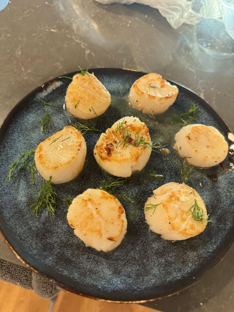 Seared scallops and branzino