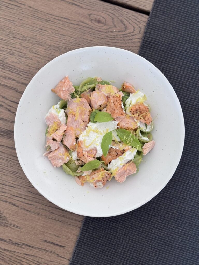 salmon & ricotta orecchiette with broccoli pesto