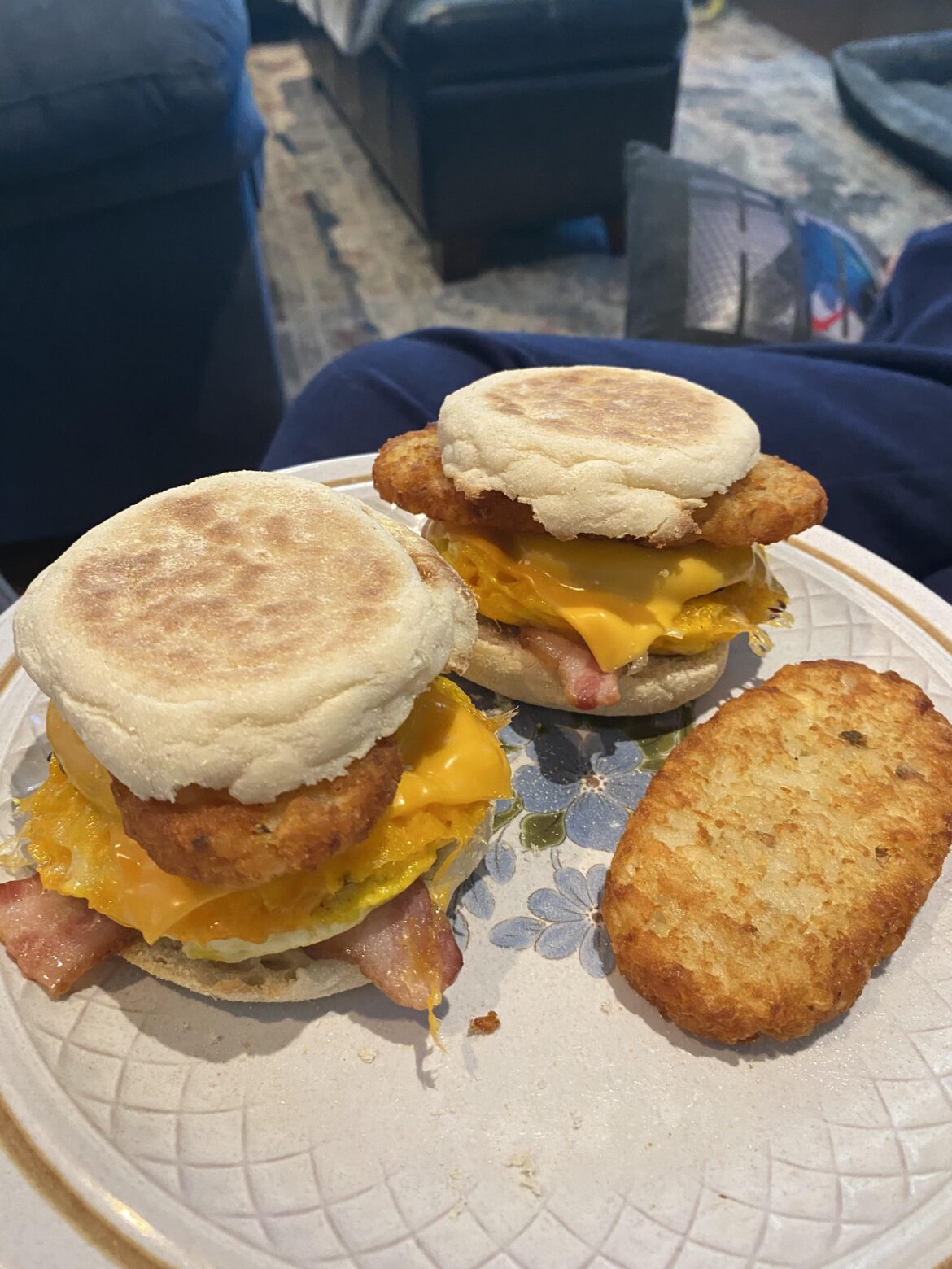 [homemade]: two egg McMuffins with sausage and bacon with hash browns