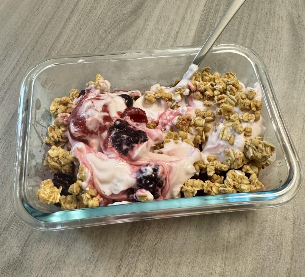Fruit, yogurt, & granola — 250 calories, 4 grams fat, 19 grams protein