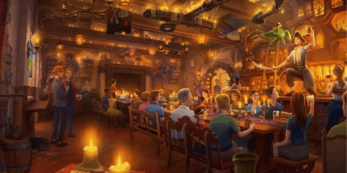 concept art of a lively, candle-lit restaurant with people dining, some dressed as pirates; a pirate swings from a rope while others watch and laugh, giving the IP a festive touch with warm lighting and rustic decor.