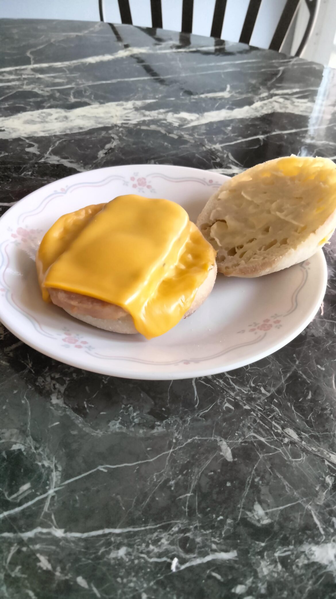 Spam and cheese on a buttered English muffin