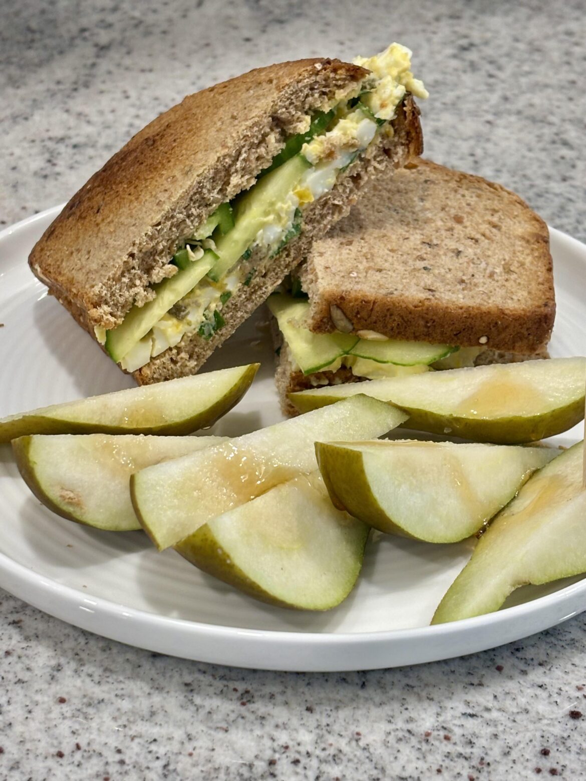 Egg salad on toasted wheat with a side of pears!