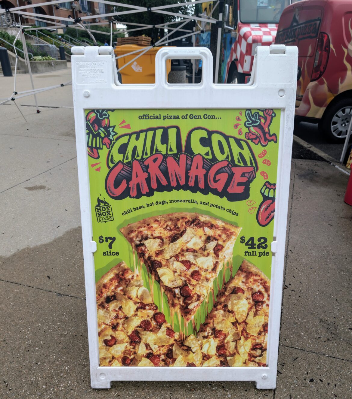 Hot Box Pizza's special Gen Con pizza. Chili base (no beans), hot dogs and potato chips.