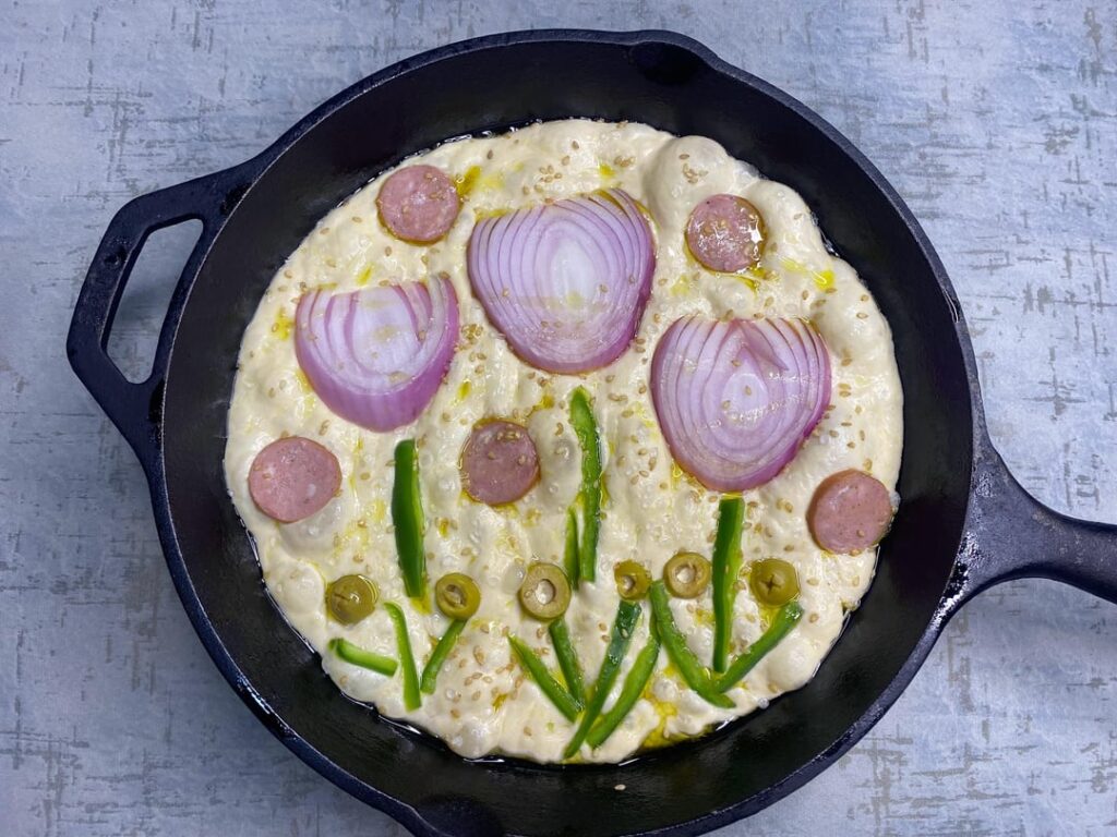 My focaccia garden came out crusty and proud 🌺💪.. before & after