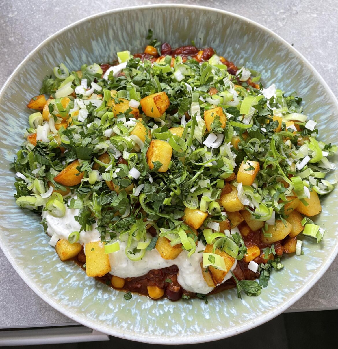 Comfort food for a rainy day: Chili with potatoes