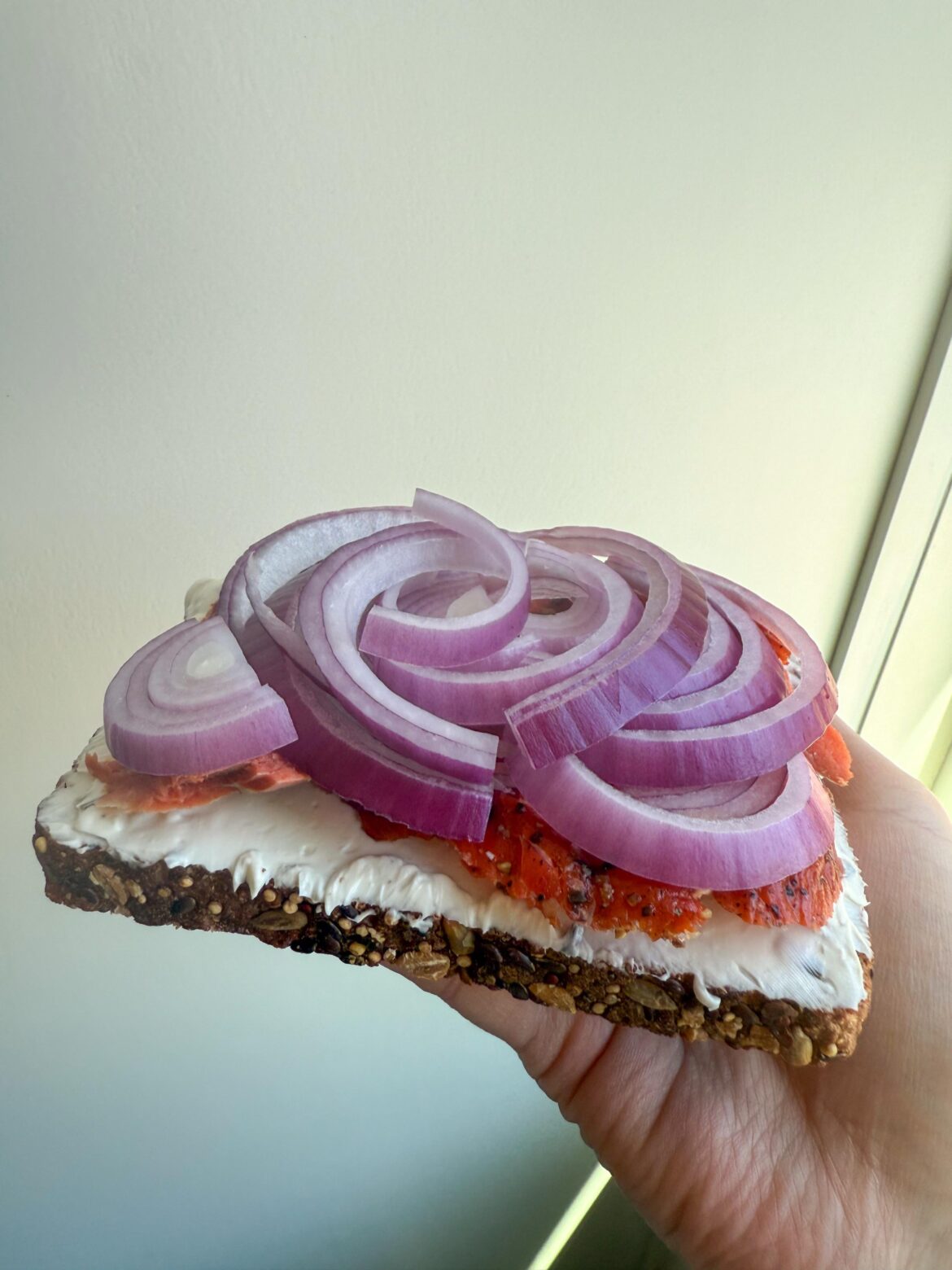 Onion, smoked salmon, and cream cheese