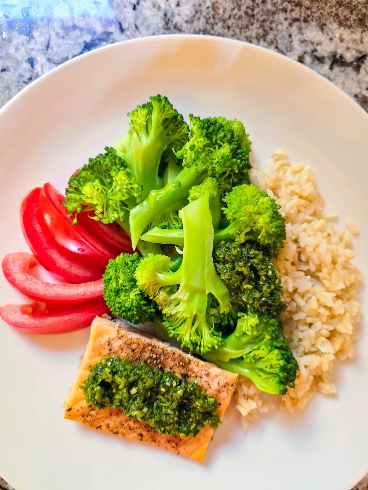 Salmon, brown rice and veggies