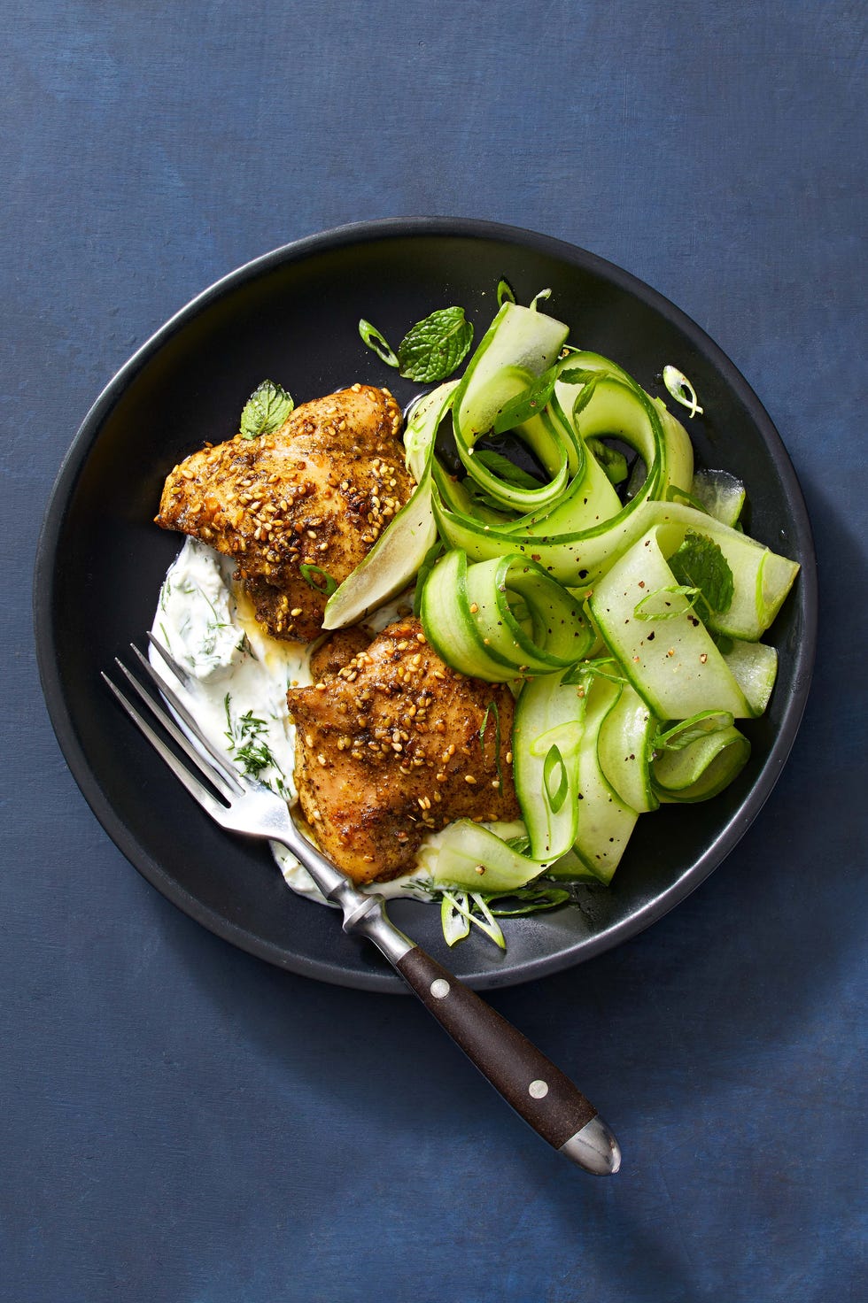 zaatar chicken with whipped feta and cucumber ribbons