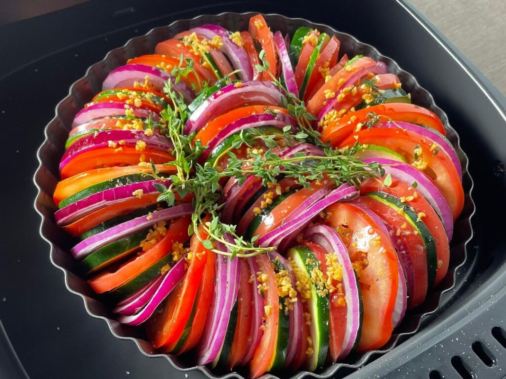 Air fryer ratatouille served with crusty bread