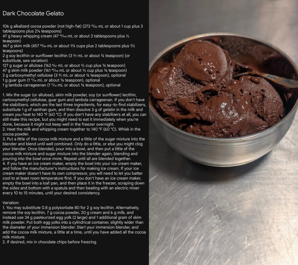 Dark Chocolate Gelato, recipe calculated, written and tested by me, with Dark Chocolate Chocolate chips option