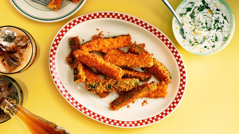 Zucchini Fries on a red checkered plate