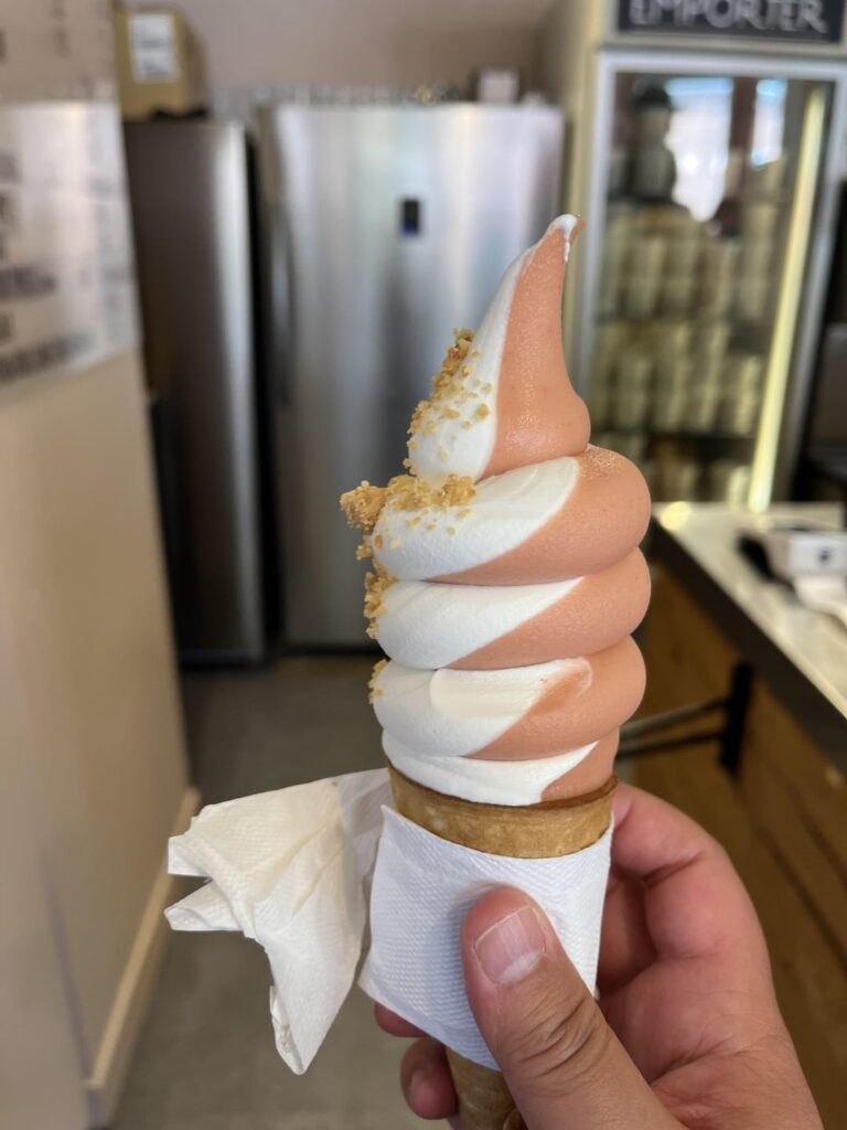 Vanilla and strawberry/rhubarb swirl soft serve at Virevent, Montréal, QC.