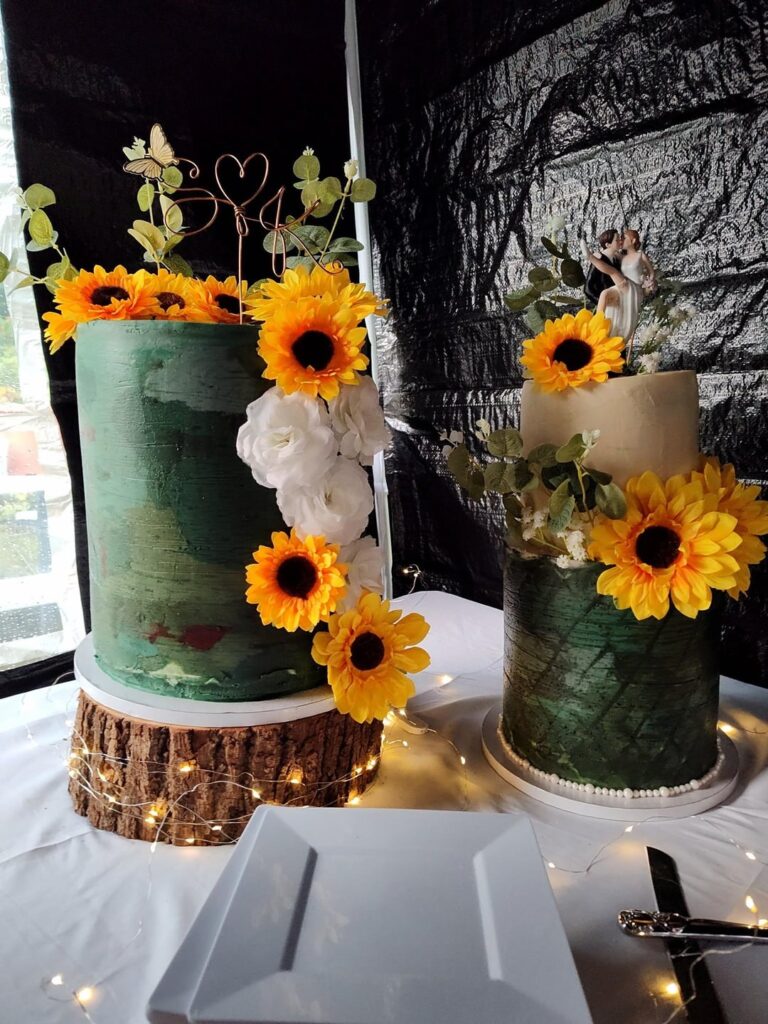 I had an army veteran ask me to do his wedding cake in shades of green - his fiancé wanted sunflowers. Here's how I combined the two. They absolutely loved them.