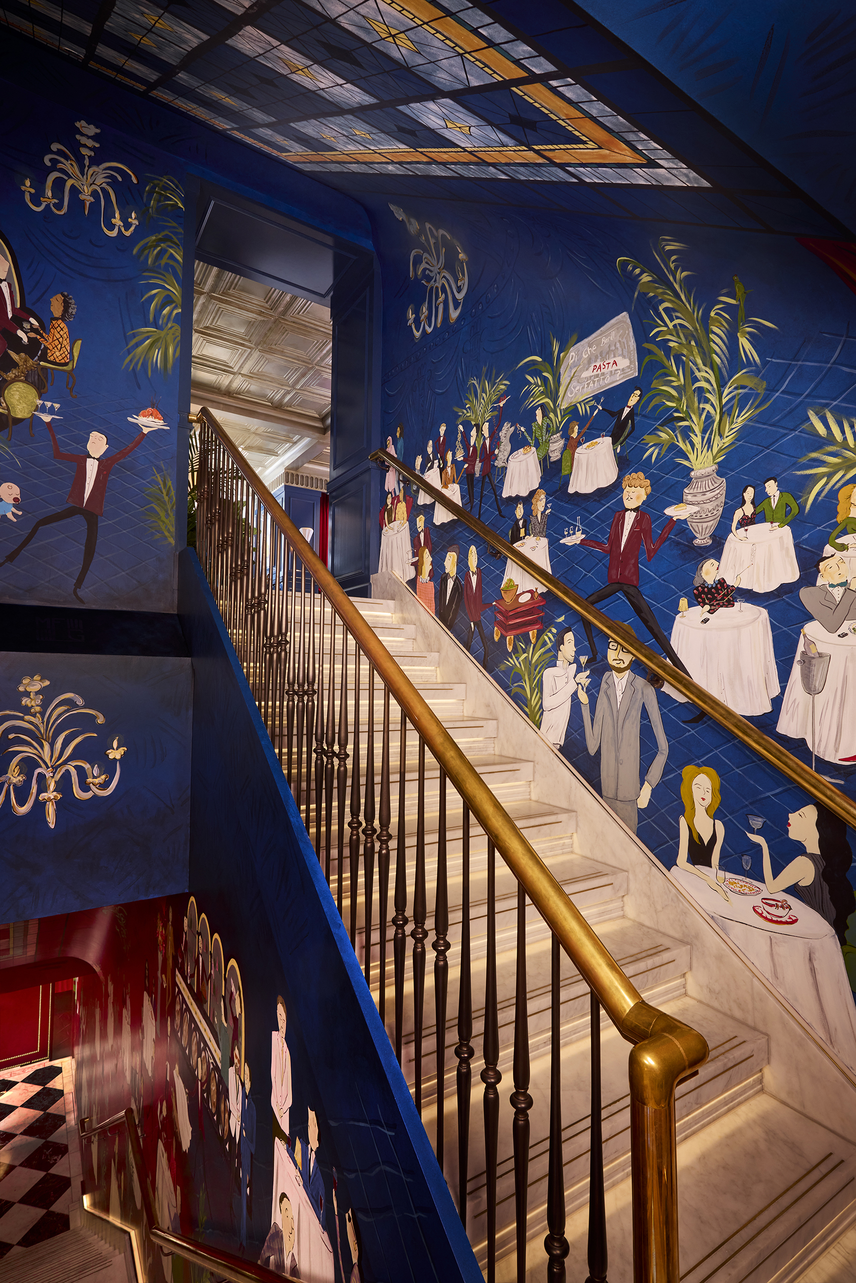 Illustration of a marble staircase with painted murals depicting a restaurant scene.