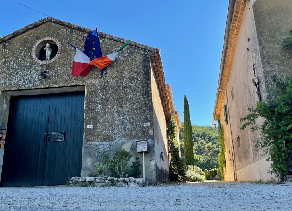 Building with French and Irish flags.