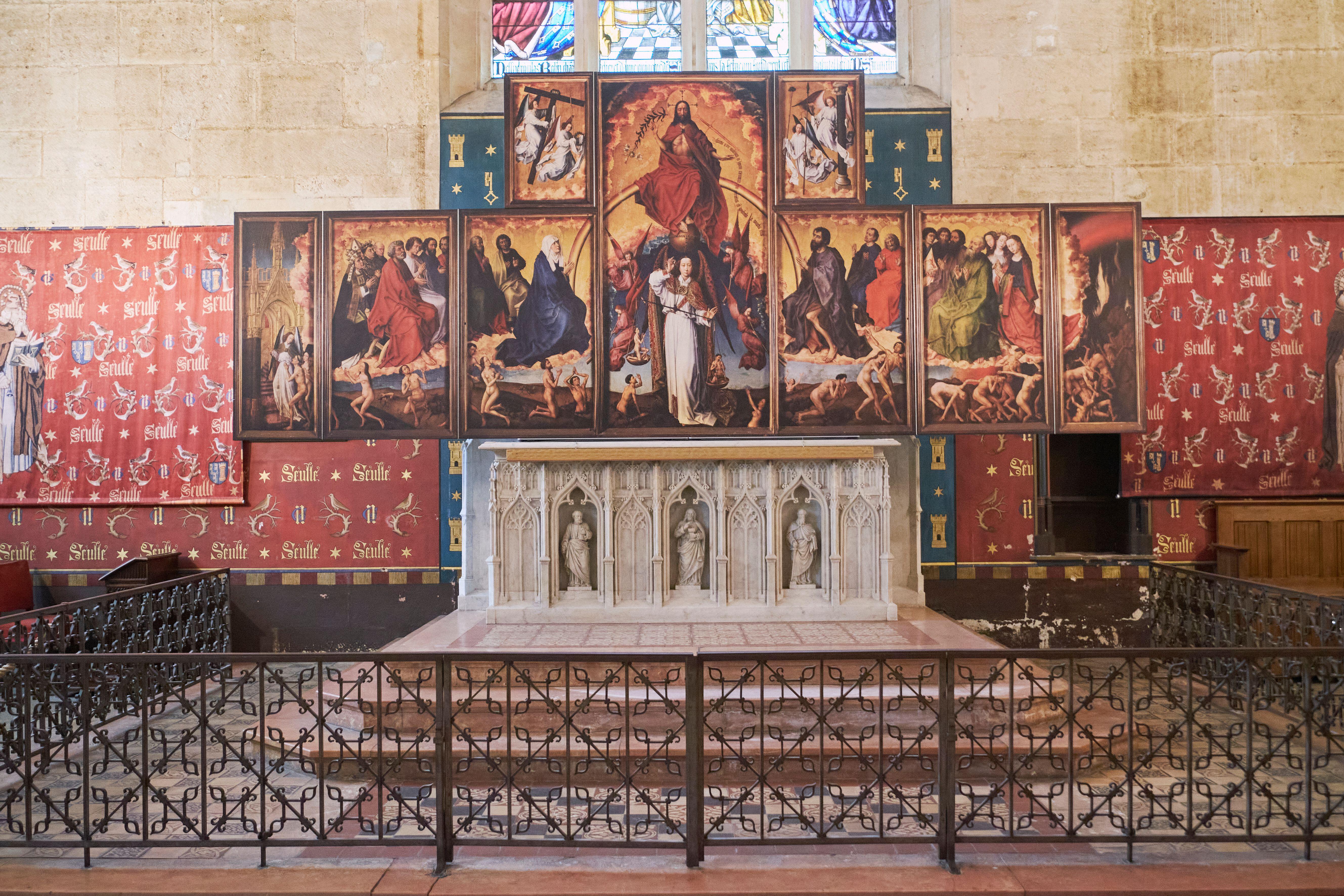 Reproduction of Rogier van der Weyden's polyptych of the Last Judgement in the Hospices de Beaune chapel.