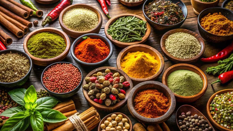 a variety of ground spices in terracotta dishes