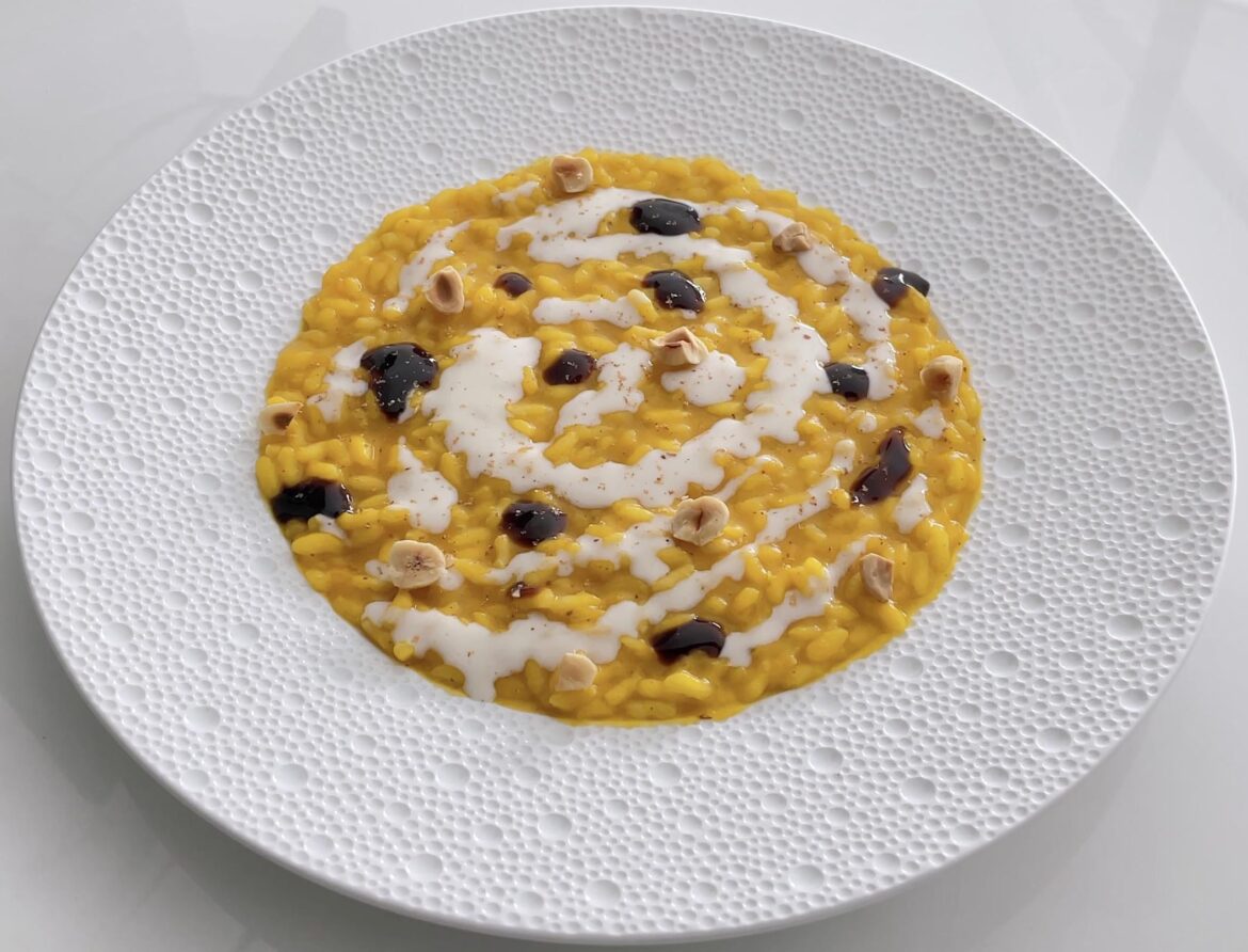 Pumpkin Risotto with Parmesan Sauce, Aged Balsamic Vinegar & Hazelnuts