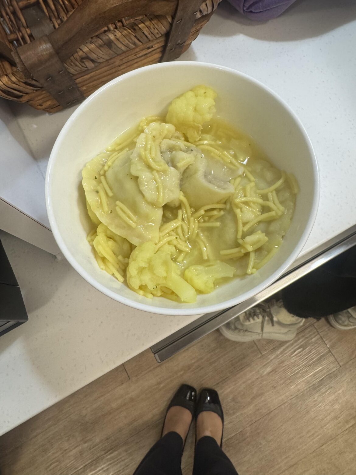 My colleagues lunch: pierogis cooked in chicken noodle soup packets with steamed cauliflower