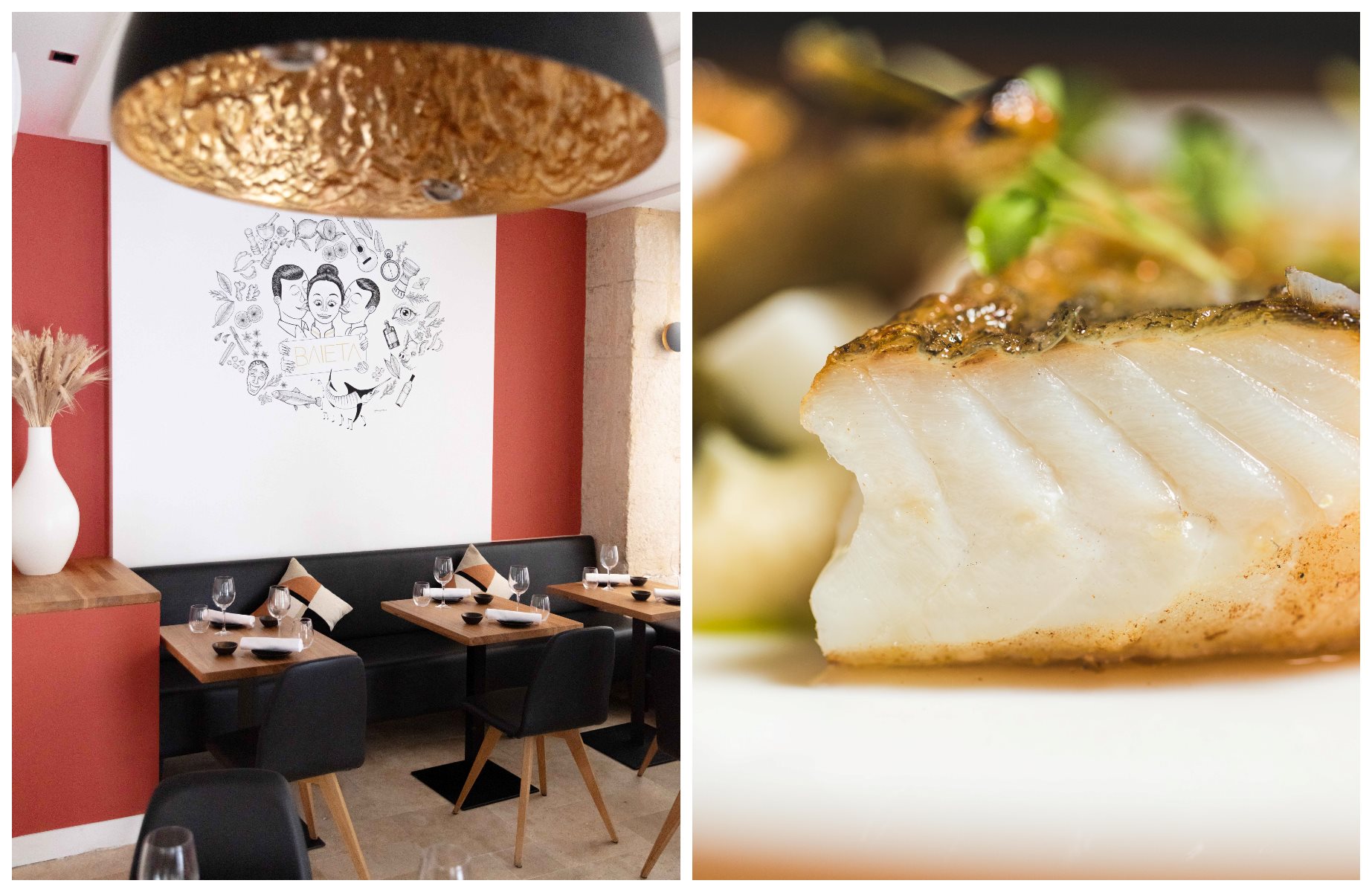 Baieta restaurant interior with its terracotta walls and cod steak with shellfish, Sardinian fregola, olives, artichoke, and a cloud of garlic confit. © (L) Baieta/The Travel Buds (R) Roch Debache