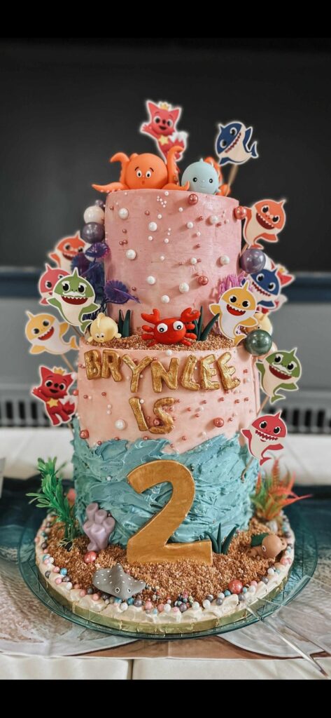 24 hours notice and we have a Baby Shark cake! Ive never done under the sea of any kind. I really like how it all worked out!
