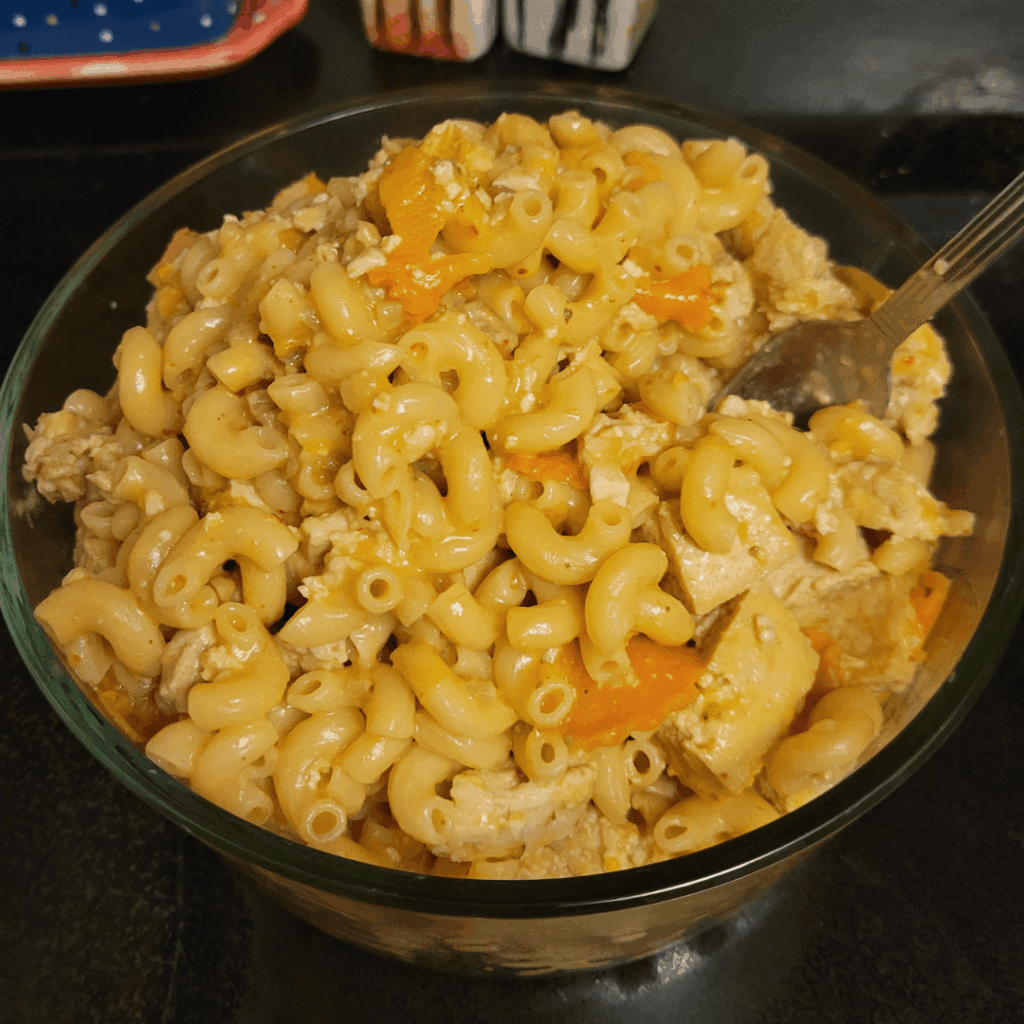 Vegan Thai Curry Mac with added Gardein Chicken and Sweet Potato. Recipe below.