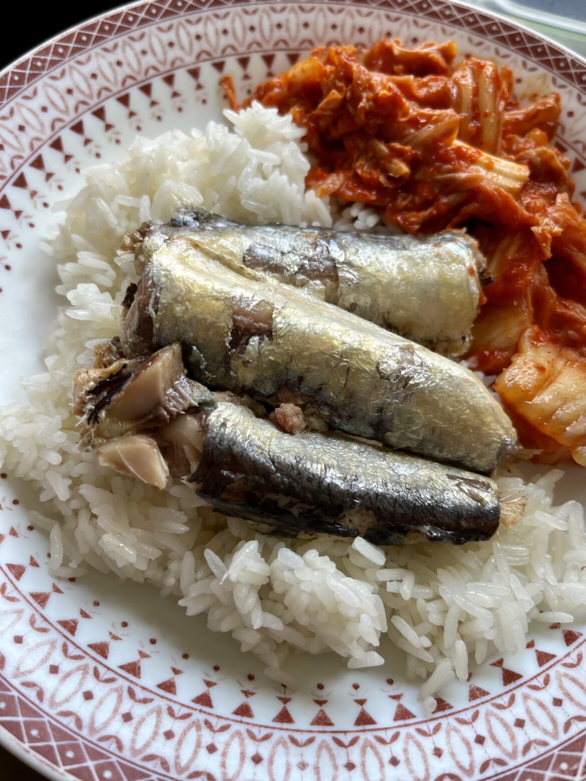 Portuguese sardines with rice and homemade kimchi