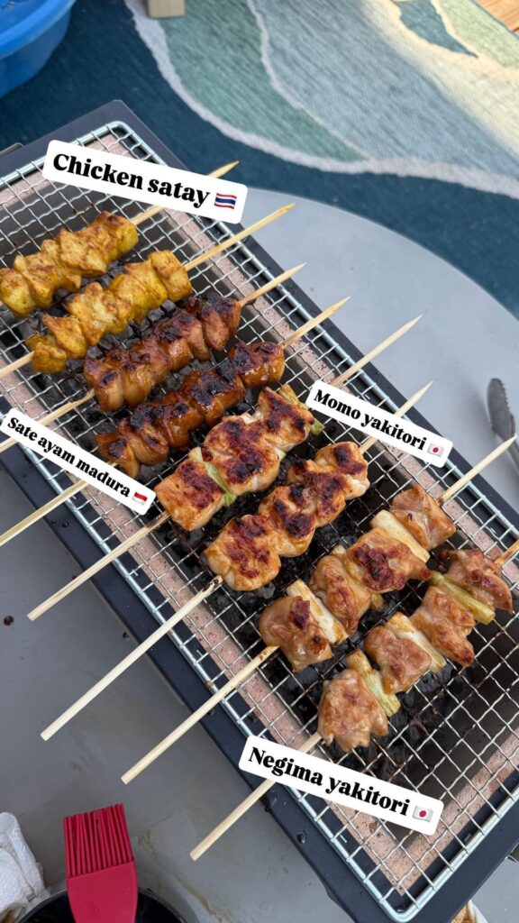 First time firing up the Japanese konro grill. (Thai chicken satay, Indonesian sate ayam madura, momo yakitori, and negima yakitori)