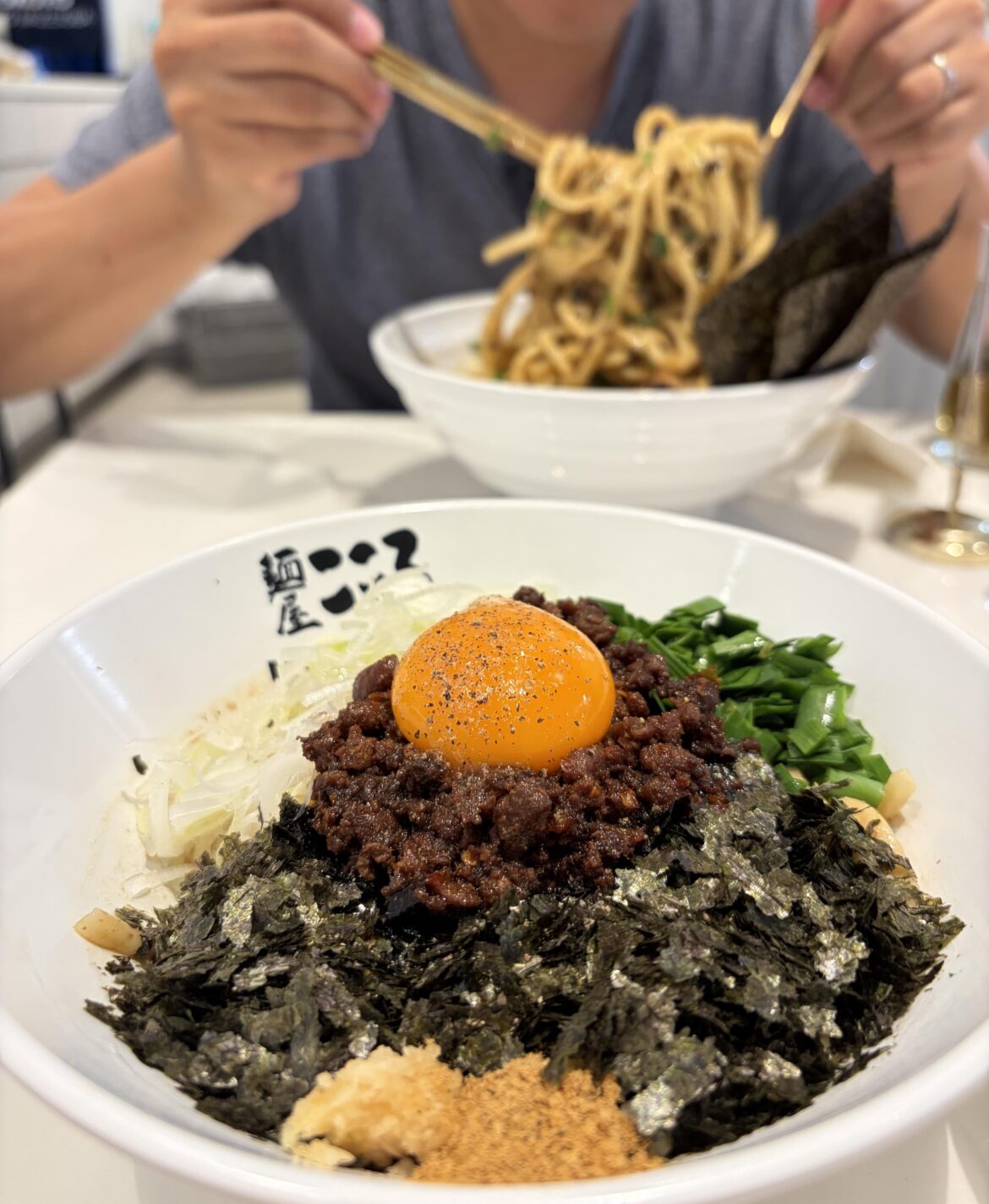 Mazesoba/ Abura ramen with an egg on top