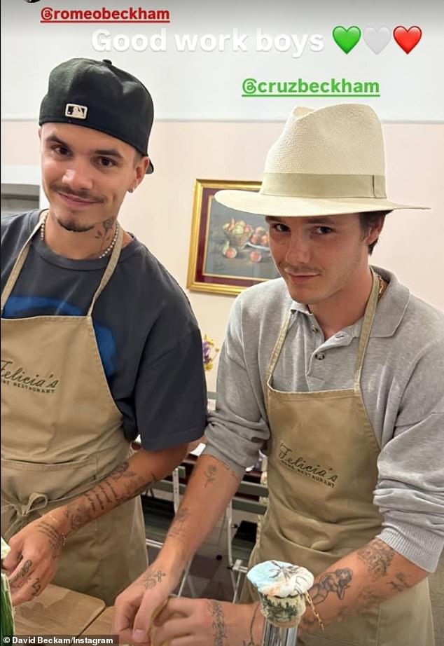 David treated the family to a wholesome family pasta making night at Felicia's Home Restaurant as he shared snaps of Romeo and Cruz cooking up a storm in the kitchen