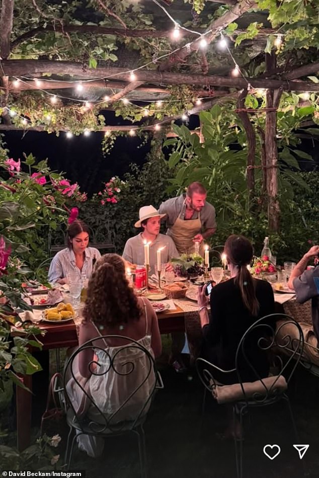 He then shared snaps of the family tucking into their meal as the former footballer donned his apron