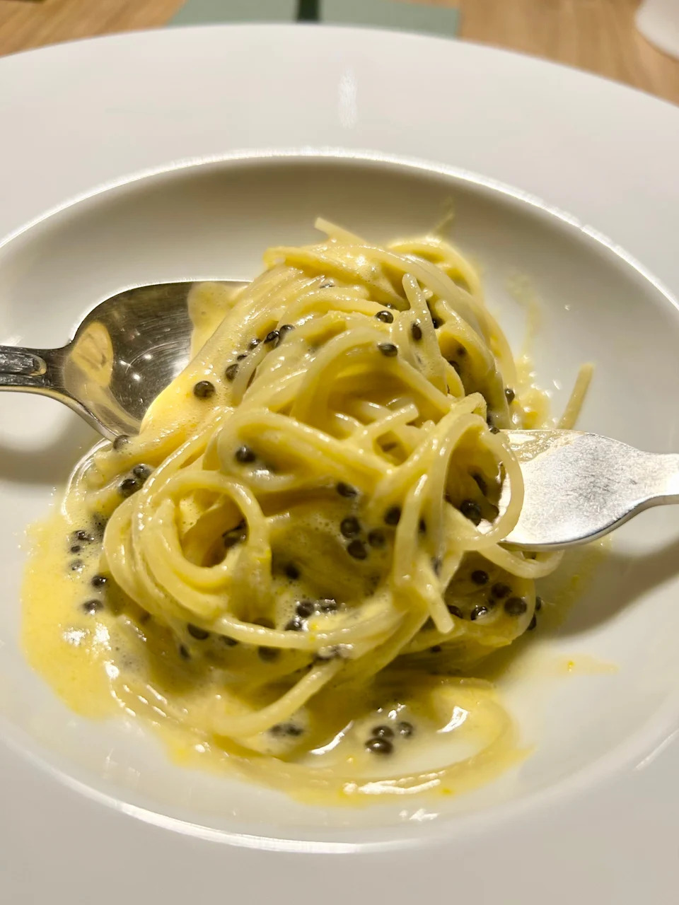 Sturgeon spaghetto uses Sturgeon dashi zabaglione and smoked Royal Oscietra caviar.