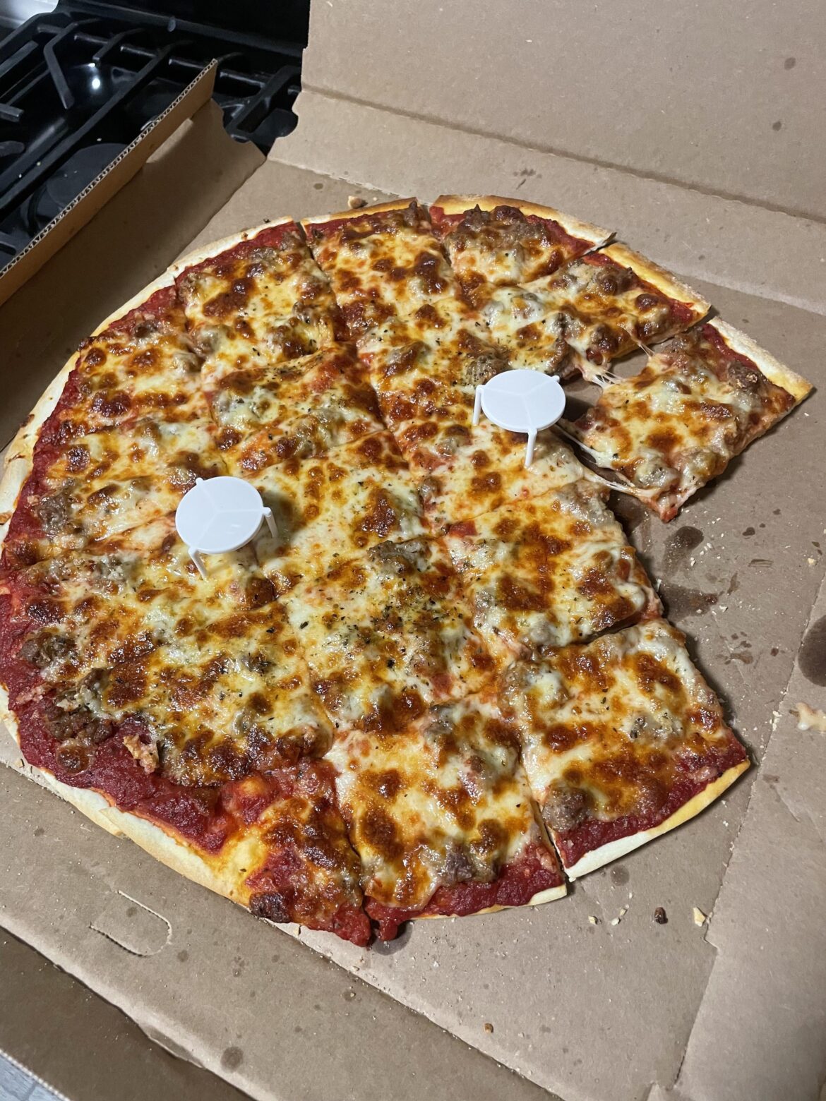 Always my first meal back home after an extended trip abroad. Large sausage and garlic thin crust pie well done from Vito and Angelo’s