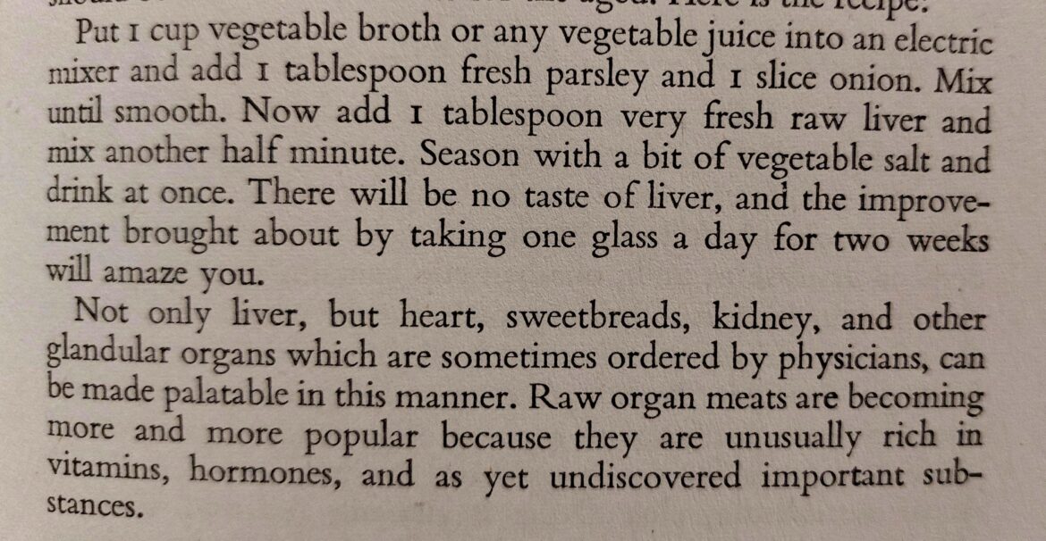 Liver tonic with 'as yet undiscovered important substances' from 1950 diet book