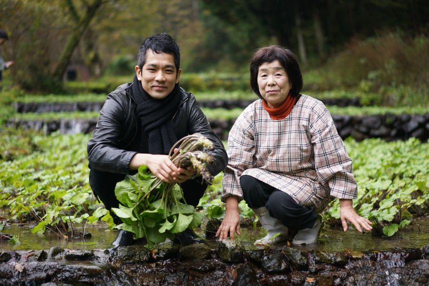 Chef Yosuke Suga and his team take monthly trips across Japan to meet producers, such as this wasabi cultivator.