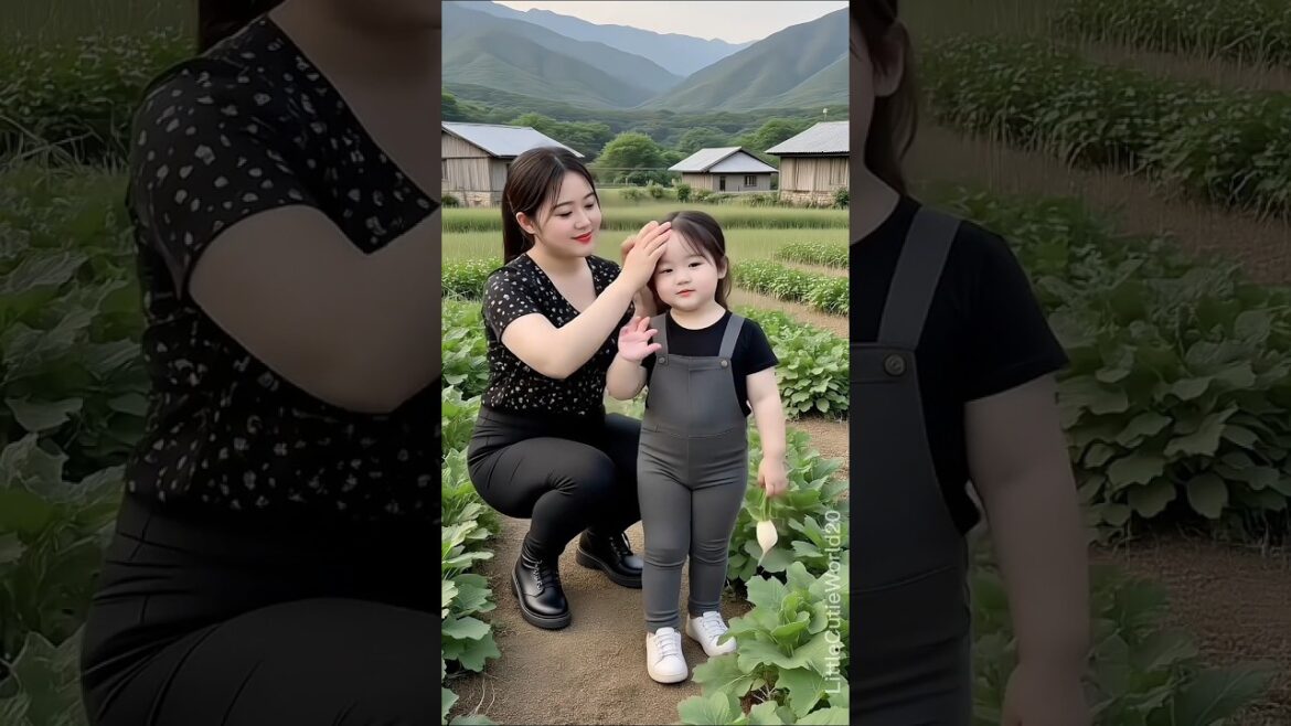 Beautiful Mom and Cute Baby Visit Radish Vegetable Garden