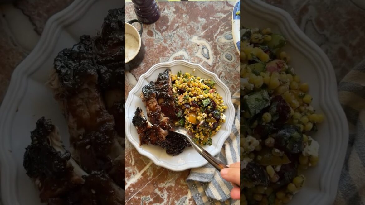 Cherry za’atar glazed ribs and herby cherry + pearl couscous salad