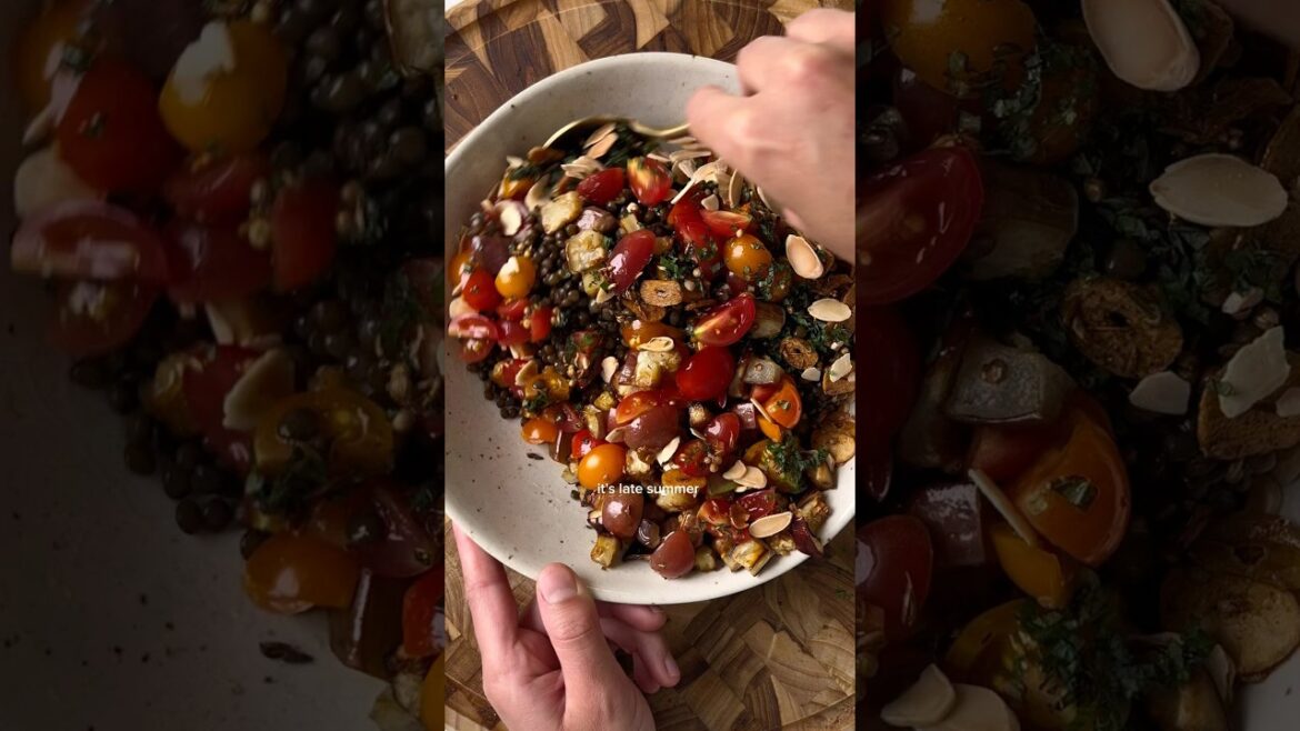 roasted eggplant black lentil salad