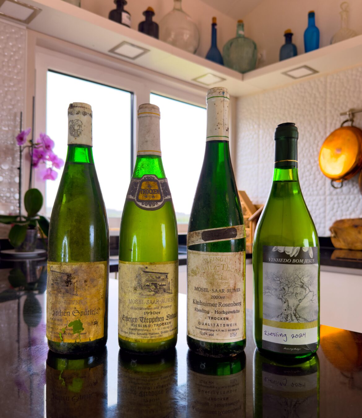Four decades of Riesling - three from my mother's mentor in the Mosel valley, the fourth from our Portuguese vineyard with grafted stock.