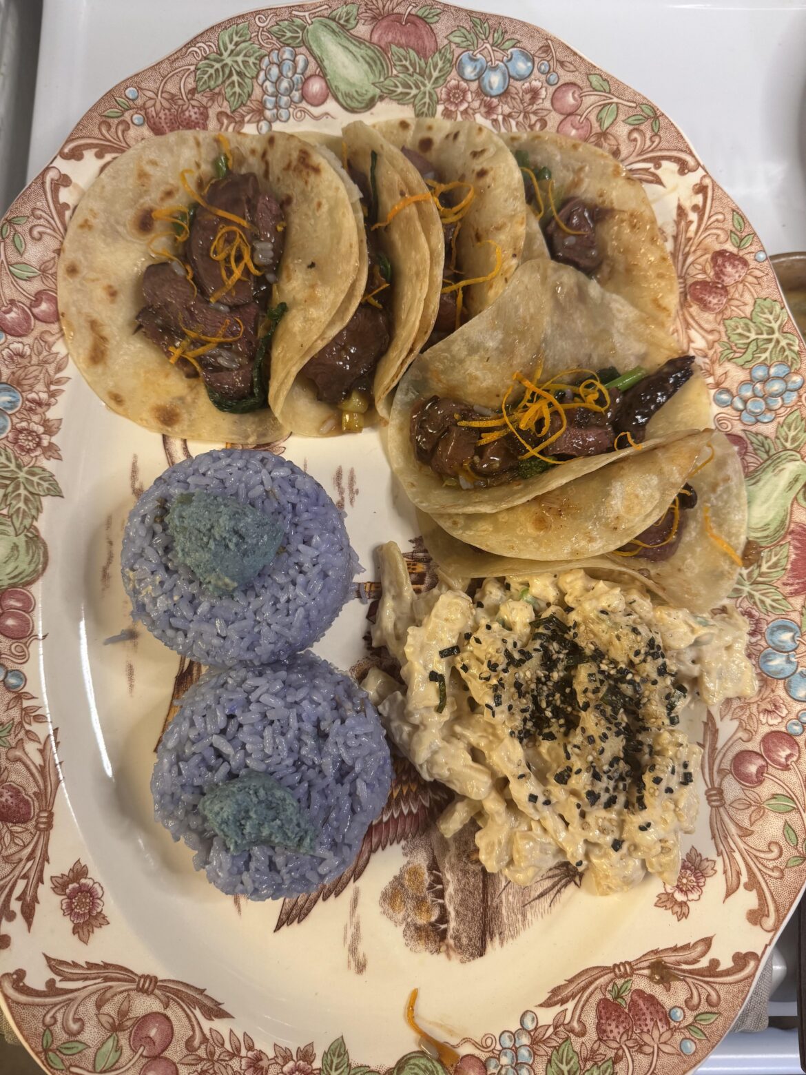 Goose la’ orange tacos, Hawaiian BBQ style